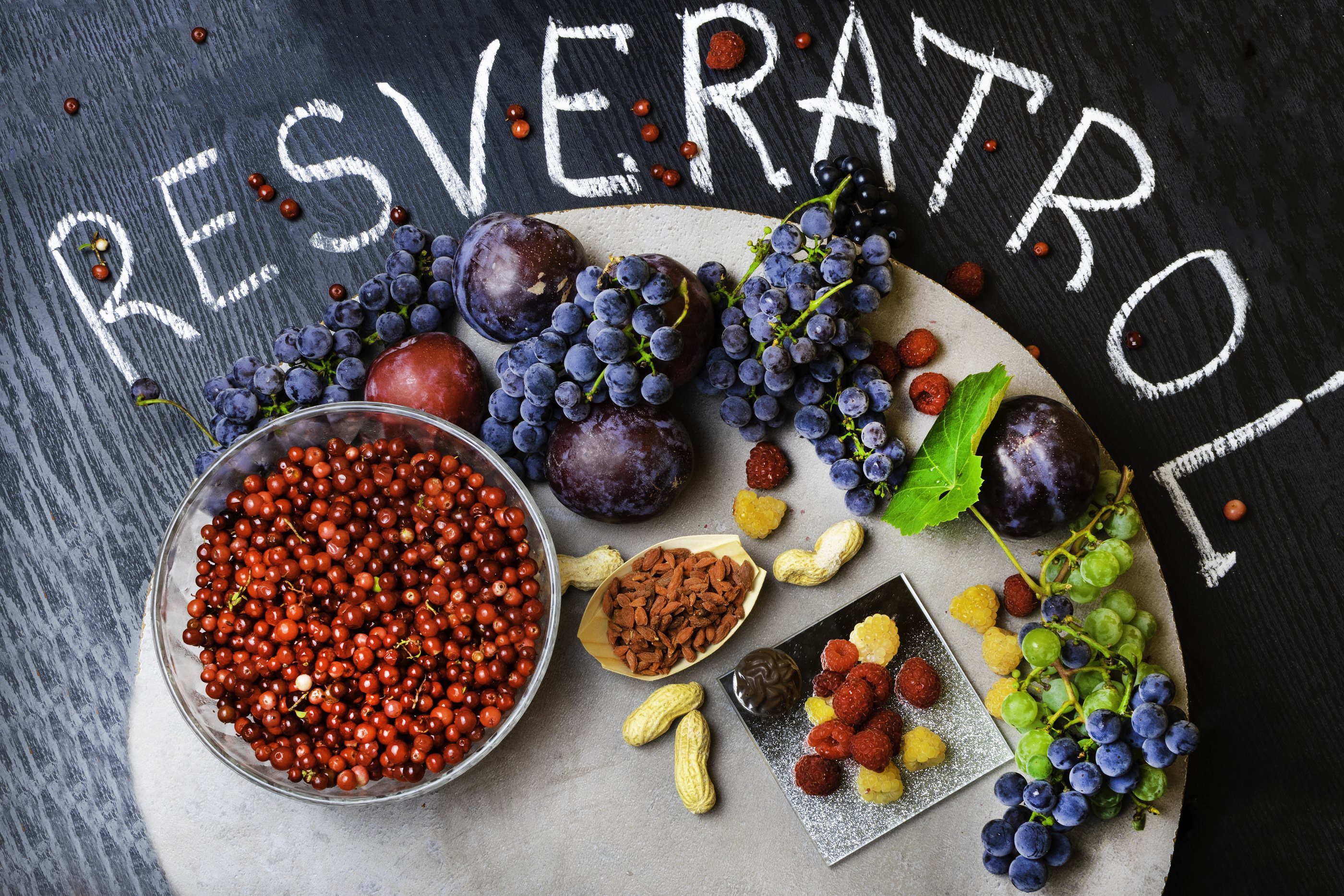 Food Rich With Resveratrol, Grapes, Plums, Goji, Peanuts, Cranberry, Raspberrys, Dark Chocolate